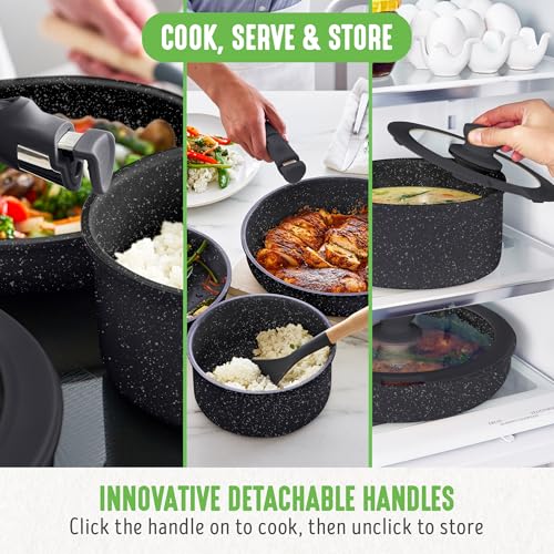 GreenLife 10 Piece Nonstick Pots & Pans Set, Detachable Handle & Stackable Cookware Set, Non Toxic PFAS-Free Skillets, Induction Kitchen Pans, Space Saving, Serving Bowls, Oven Safe, Granite Black
