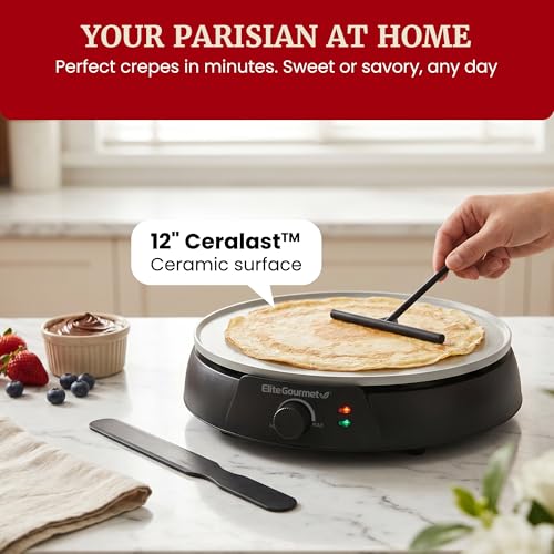 Elite Gourmet 12" Ceralast™ PFAS-Free Ceramic Nonstick Crepe Maker & Griddle, Adjustable Temperature Control, Dual Indicator Lights, Batter Spreader Included, For Crepes, Pancakes & Quesadillas, Black