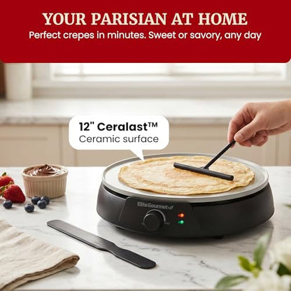 Elite Gourmet 12" Ceralast™ PFAS-Free Ceramic Nonstick Crepe Maker & Griddle, Adjustable Temperature Control, Dual Indicator Lights, Batter Spreader Included, For Crepes, Pancakes & Quesadillas, Black