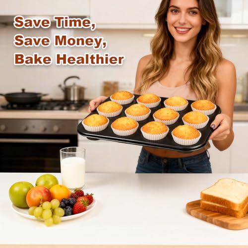 Smile Tree Muffin Pan & Cupcake Pan, 2 Pack 12-Cup Muffin Tin for Baking with 120 Cupcake Liners, Nonstick Heavy Duty Carbon Steel Cupcake Tins, Scratch Resistant Baking Pans Set for Family & Party
