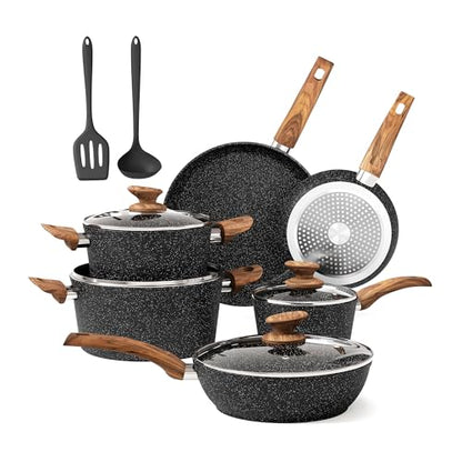 DishDelight Induction Pots and Pans Set Non Stick, 12 Piece Granite Kitchen Cookware Sets, Cooking Pot Set Nonstick Non Toxic, PFOA&PFOS Free, Black