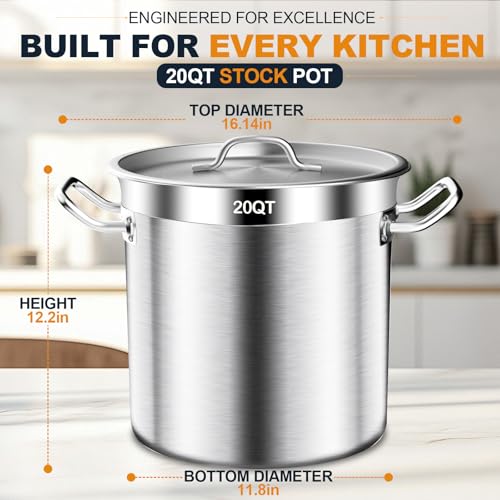Large Stock Pot - 20QT Stainless Steel Stockpot with Lid, Heavy Duty Tri-Ply Bottom Commercial Grade Soup Pot for Cooking Soup, Stew, Pasta, Oven, Gas, Ceramic, Dishwasher Safe
