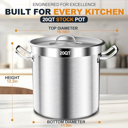 Large Stock Pot - 20QT Stainless Steel Stockpot with Lid, Heavy Duty Tri-Ply Bottom Commercial Grade Soup Pot for Cooking Soup, Stew, Pasta, Oven, Gas, Ceramic, Dishwasher Safe