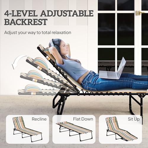 Outsunny Folding Chaise Lounge Chair, Patio Sun Tanning Chair, Outdoor Chaise Lounger with 4-Position Reclining Back, Breathable Mesh Seat for Beach, Poolside, Yard, Rainbow Striped