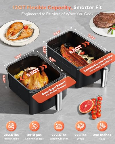 12QT Large Double Air Fryer, Family-Size Dual Airfryer with 2 Baskets, SyncHeat Even Heating, Stacked Compact Design, Smart Finish & Match Cook, PFAS-Free Nonstick, Dishwasher-Safe, Black
