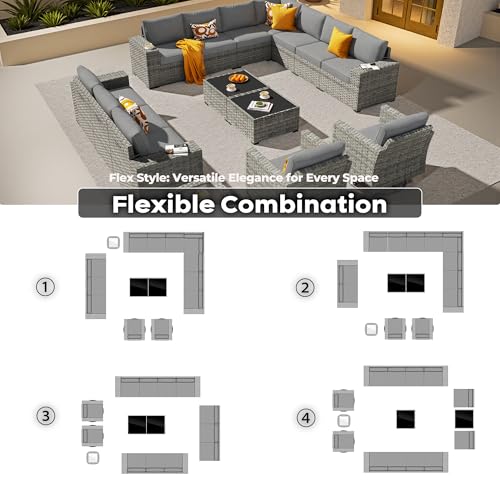 ovios 15 Pieces Patio Furniture Set, Outdoor Wicker Sectional Sofa Couch with Swivel Chairs Coffee Table, Modern Modular Deep Seat Rattan Conversation Sets, Dark Grey