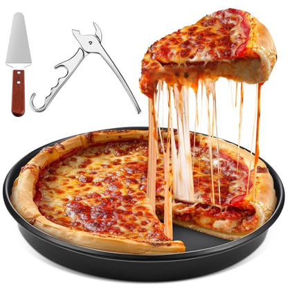 Reallnaive 3 Pcs Round 12 Inch Deep Pizza Pan Baking Tray Include 1 Non-stick Cake Mold, 1 Square Shovel, 1 Tray Clip, Pizza Dish Baking Sheet for Oven