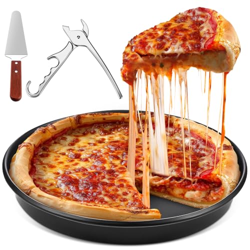 Reallnaive 3 Pcs Round 12 Inch Deep Pizza Pan Baking Tray Include 1 Non-stick Cake Mold, 1 Square Shovel, 1 Tray Clip, Pizza Dish Baking Sheet for Oven