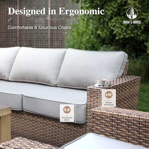 HERA'S HOUSE Swivel Glide Patio Furniture Set with 4.92" Widened Armrest Chairs, Outdoor Conversation Set, 5 Pieces Deep Seating Yellow Rattan Sofa with 5.5" Gray Cushions for Deck Garden Yard