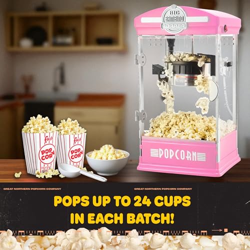 Big Bambino Popcorn Machine - Old-Fashioned Popcorn Maker with 4-Oz Kettle, Measuring Cups, Scoop, and Serving Cups by Great Northern Popcorn (Pink)