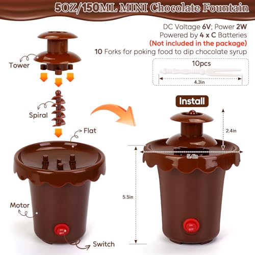 5-OZ Mini Chocolate Fountain with 10 Forks, 2-Tier Mini Chocolate Dipping Machine for Use Only with Chocolate Syrup, fit for Parties, Daily Use, Powered by 4 x C Batteries (Not Included)