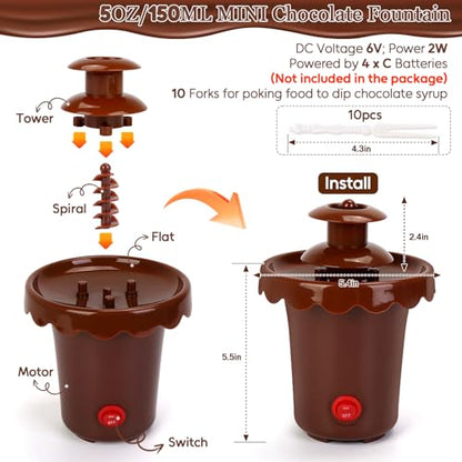 5-OZ Mini Chocolate Fountain with 10 Forks, 2-Tier Mini Chocolate Dipping Machine for Use Only with Chocolate Syrup, fit for Parties, Daily Use, Powered by 4 x C Batteries (Not Included)