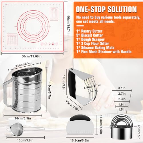 Biscuit Cutter Set,10PCS Stainless Steel Pastry Blender Set with Pastry Cutter,5PCS Biscuit Cutter,Dough Cutter,3 Cup Flour Sifter,Baking Mat and Fine Mesh Strainer for Cooking Cookies and Donuts