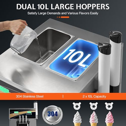 Jocisland 45L/H Commercial Soft Ice Cream Machine, 2900W 3-Flavor Ice Cream Maker, Dual Compressors, 10L*2 Stainless Steel Cylinder, Auto Clean & Pre-Cooling for Restaurants & Bars