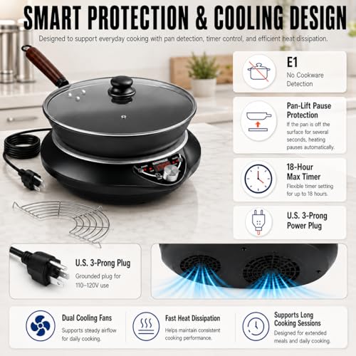 GastroGear 1700W Induction Cooktop with 13.4" Carbon Steel Wok Pan,Lid,Rack,1.97" Deep Curved Concave Electric Stove Burner 16 Watts/temp Precise Ctrl 200~1700W 176°F to 446°F,18H Timer ETL-Listed
