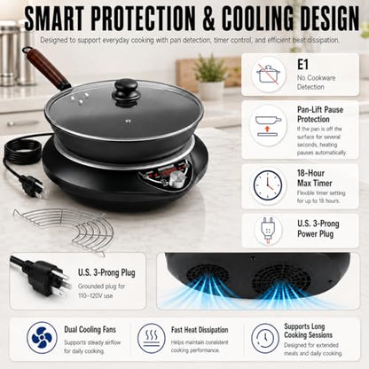 GastroGear 1700W Induction Cooktop with 13.4" Carbon Steel Wok Pan,Lid,Rack,1.97" Deep Curved Concave Electric Stove Burner 16 Watts/temp Precise Ctrl 200~1700W 176°F to 446°F,18H Timer ETL-Listed