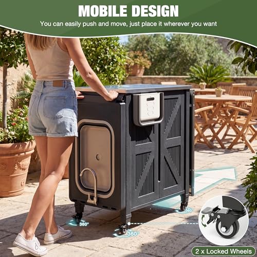 3-in-1 Outdoor Grill Cart with Sink & Faucet, Stainless Steel Top Outdoor Kitchen Island, Prep Table with Foldable Side Table, Storage Cabinet, Rolling Grill Station with Wheels for Patio, Backyard