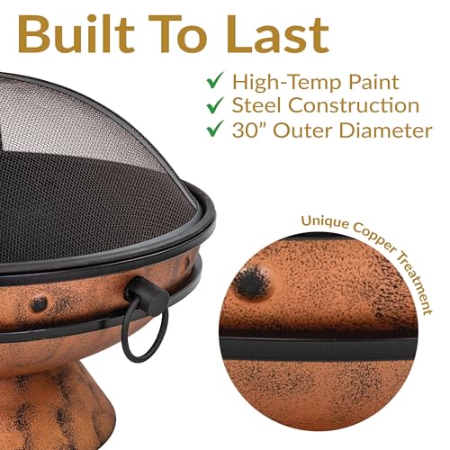 Sunnydaze 30-Inch Large Outdoor Fire Pit - Wood Burning Fire Pit for Outside with Poker and Screen - Copper Finish - Royal Cauldron