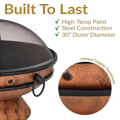 Sunnydaze 30-Inch Large Outdoor Fire Pit - Wood Burning Fire Pit for Outside with Poker and Screen - Copper Finish - Royal Cauldron