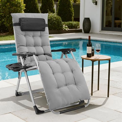 DUMOS Zero Gravity Chair, Reclining Camping Lounge Chair for Outdoor, Reclining Patio Chairs with Cup Holder Trays and Removable Cushion, Folding Recliner for Indoor, Grey