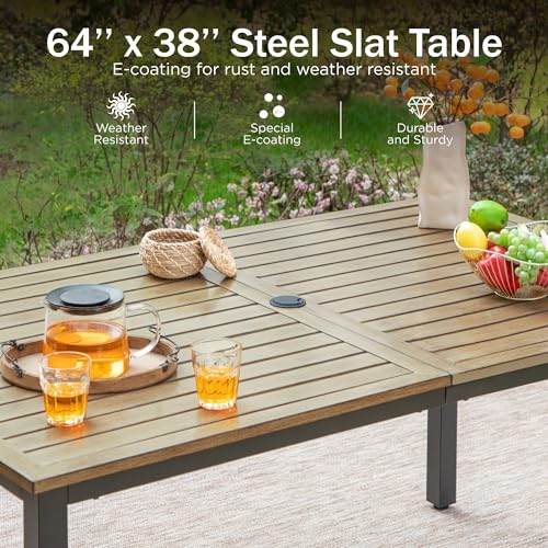 PHI VILLA 7-Piece Outdoor Dining Set, Heavy Duty Patio Table and Chairs Set with Umbrella Hole for 6, 64" Rectangular Patio Woodgrain Metal Table & Swivel Chairs with Cushions