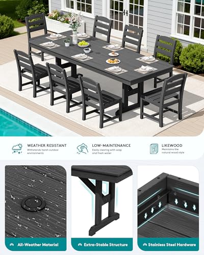 SERWALL 9Pcs 84" HDPE Outdoor Dining Set for 8 with Armless Chairs,Black