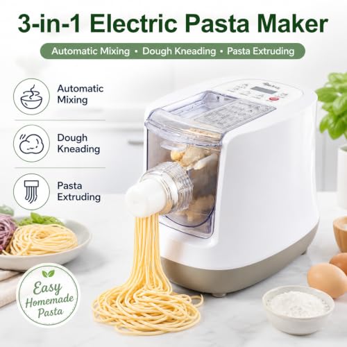 Electric Pasta Maker Machine – Automatic Noodle Maker with 13 Shape Discs, 23oz Large Capacity, Digital Touch Control for Spaghetti, Fettuccine, Macaroni & Dumpling Skins