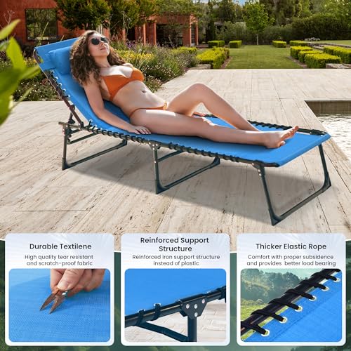 Foristrail 2 Pack Outdoor Folding Chaise Lounge 5-Position Adjustable Recliner 400LB Heavy Duty Portable Patio Camping Beach Chair, Blue