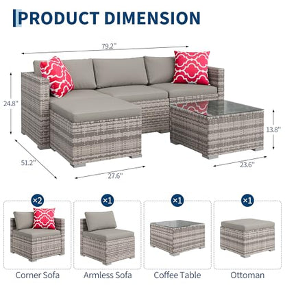 GAOMON 5-Piece All-Weather Patio Furniture Set, Convertible Outdoor Sectional Sofa with Ottoman & Tempered Glass Table, PE Rattan Conversation Set for Garden, Backyard, Porch, Poolside
