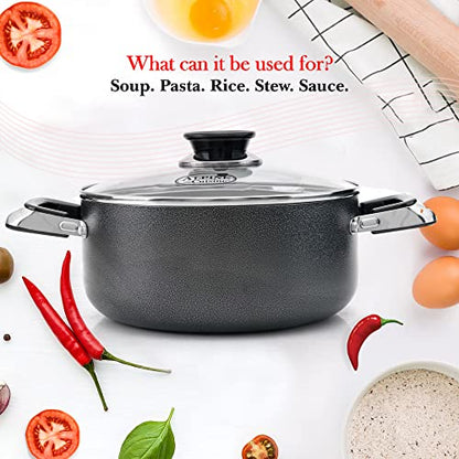 Alpine Cuisine 16 Quart Non-stick Stock Pot with Tempered Glass Lid and Carrying Handles, Multi-Purpose Cookware Aluminum Dutch Oven for Braising, Boiling, Stewing