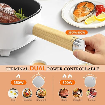 Audecook Hot Pot Electric 2L, Cermic Glaze Non-Stick Frying Pan 8 Inch, Portable Travel Cooker for Ramen/Steak/Fried Rice/Oatmeal/Soup, with Dual Power Control (Silicone Spatula Included)