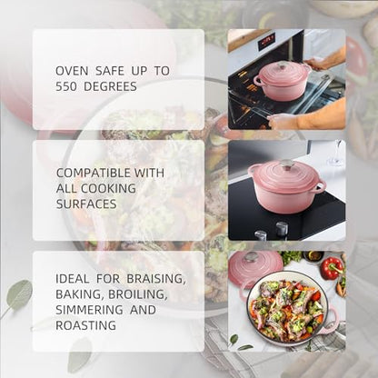6 Quart Dutch Oven Enameled Cast Iron with Lid - Big Dual Handles - Oven Safe up to 500°F - Classic Round Pot for Versatile Cooking Pink