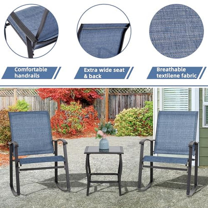 Vongrasig 3 Piece Outdoor Rocking Bistro Set, Textilene Fabric Small Patio Furniture Set, Front Porch Rocker Chairs Conversation Set with Glass Table for Lawn, Garden, Balcony, Poolside (Denim Blue)