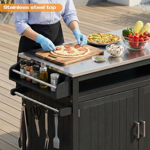 FUQARHY 43.3-Inch Outdoor Kitchen Island with Storage Cabinet and Stainless Steel Top, Solid Wood Prep Station Grill Table with Lockable Wheels for Patio, Backyard, Party (Black)