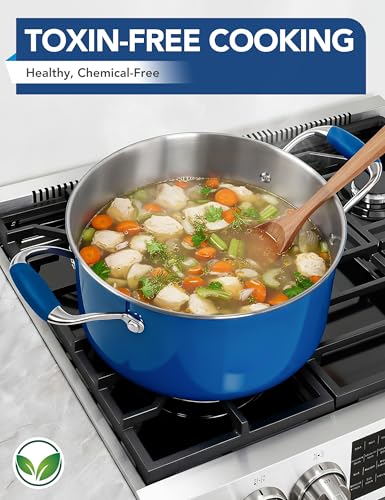 MICHELANGELO Stainless Steel Stock Pots - Induction Soup Pot with Lid, 6 Qt Non-Toxic Cooking Pot, Oven & Dishwasher Safe, Blue Exterior