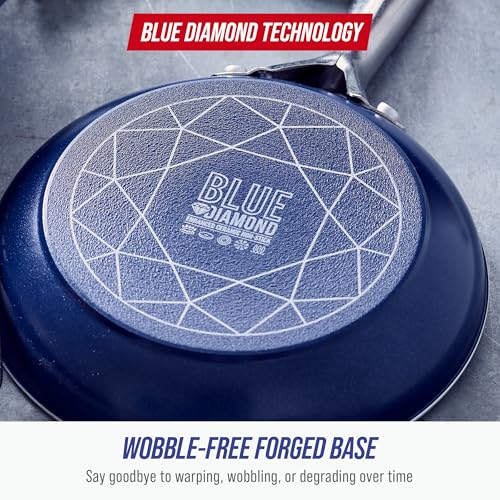 Blue Diamond 9.5” and 11" Frying Pan Skillet Set, Diamond Infused PFAS & PFOA-Free Ceramic Nonstick Pots & Pans, Durable Non Toxic Metal Utensil Safe & Scratch Resistant, Dishwasher & Oven Safe, Blue
