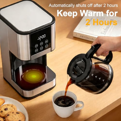 10 Cup Programmable Drip Coffee Maker, Adjustable Brew Strength, Pause & Serve, Heat Resistant Glass Carafe, Permanent Filter, Auto Shut Off, Stainless Steel, Compact Coffee Machine for Home Office