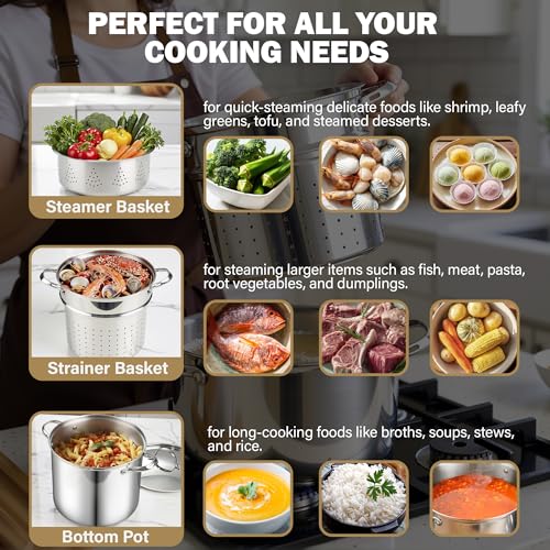 Cooks Standard Pasta Pot 18/10 Stainless Steel 12 Quart, Spaghetti Cooker Steamer Stock Pot Multipots with Strainer Insert, Stainless Steel Lid, 4-Piece Set
