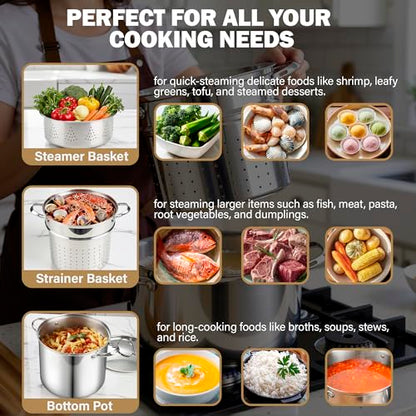 Cooks Standard Pasta Pot 18/10 Stainless Steel 12 Quart, Spaghetti Cooker Steamer Stock Pot Multipots with Strainer Insert, Stainless Steel Lid, 4-Piece Set