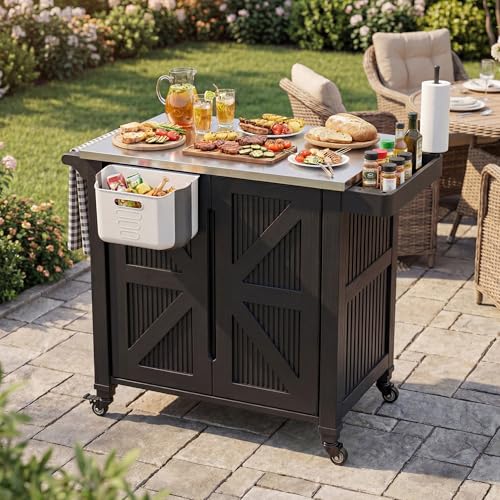 Outdoor Grill Cart with Stainless Steel Top, Outdoor Kitchen Island BBQ Prep Table, Storage Cabinet, Mobile Grill Cart with Folding Hanging Trash Bin, Wheels, Side Shelf for Patio, Garden, Picnic