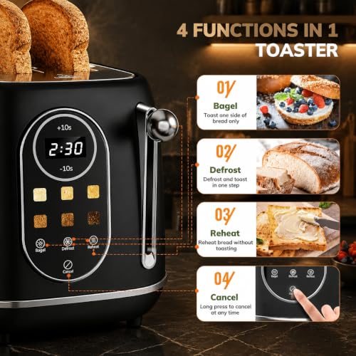 Keenstone Touch Screen 2 Slice Toaster, Retro Wide Slot Stainless Steel