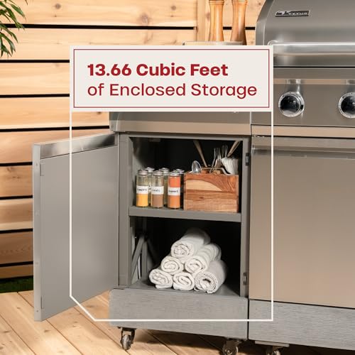 Tytus Fresno 5-Burner Propane or Natural Gas Island Grill – 864 sq. in. Cooking, 48,000 BTU Main + 12,000 BTU Side Burner, Porcelain Grates, Storage Cabinets, Semi-Portable - SS/Ash Stone