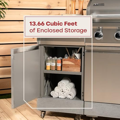 Tytus Fresno 5-Burner Propane or Natural Gas Island Grill – 864 sq. in. Cooking, 48,000 BTU Main + 12,000 BTU Side Burner, Porcelain Grates, Storage Cabinets, Semi-Portable - SS/Ash Stone