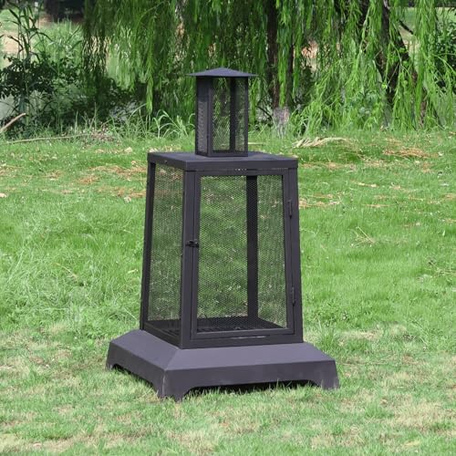 Walsport Chiminea Outdoor Fireplace, 43 Inch Wood Burning Fire Pit with Grill Grate and Spark Screen Cover, Outdoor Fire Pit for Patio, Backyard, Deck Porch and Camping, Black