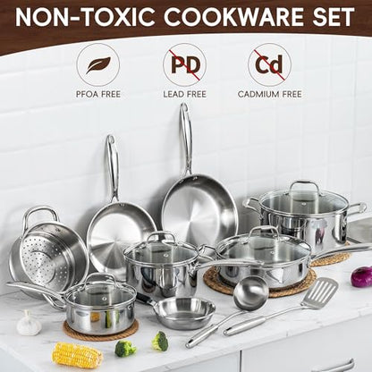 SuperCook Tri Ply Stainless Steel Cookware Set, 16-Piece Pots and Pans Set with Kitchen Utensils and Steamer, Non-Toxic, Multiclad, Induction Oven Compatible, Dishwasher Safe