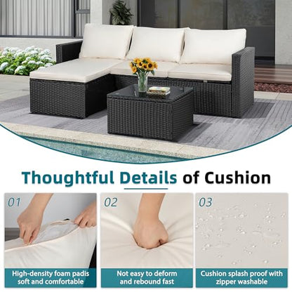 SUNLEI Patio Furniture Set with Detachable Soft Cushions, Outdoor PE Rattan Patio Conversation Sofa Set, 3-Piece Patio Sectional Sofa with Glass Coffee Table (Black Rattan&White)