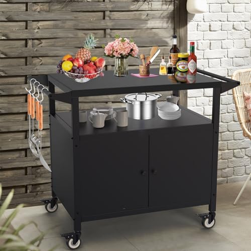 COZEER Outdoor Grill Table with Storage, Movable BBQ Grill Cart, Outdoor Kitchen Prep Station, Rolling Bar Serving Cart with Utensil Hooks, Blackstone Griddle Stand