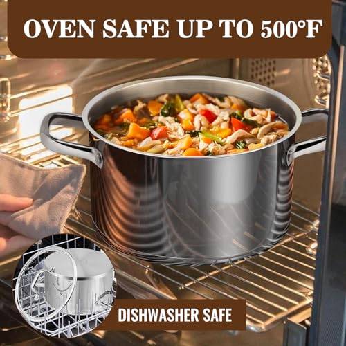Rorence Stainless Steel Stock Pot, Tri-Ply Base Large Pot Induction Cooking Pot with Lid for All Stoves, Oven & Dishwasher Safe, 6-Quart