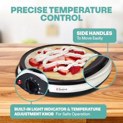 Euro Cuisine CM20 Electric Crepe Maker, 12 Inch Ceramic Non-stick Pan (PTFE PFOA Free), Adjustable Temperature Setting, Also Makes Roti, Dosa, Pancakes, Includes Batter Spreader, Turner and Ladle