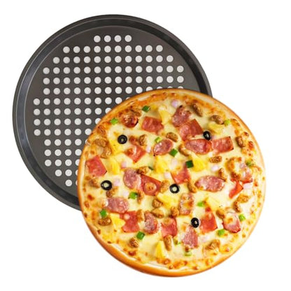 LoveDeal 11Inch Pizza Pans with Holes, Nonstick Round Pizza Trays for Toaster Oven, Carbon Steel Pizza Baking Pan Set for Fresh & Frozen Pizza, Vented Pizza Dish - 2PCS, Black
